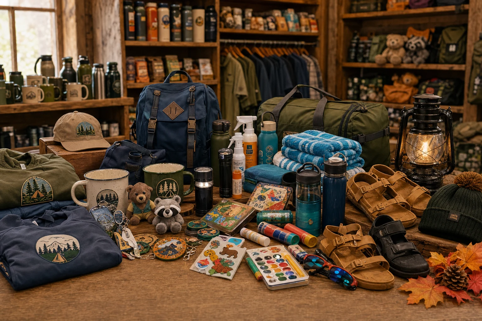 Campground store display with apparel, backpacks, outdoor essentials, swim gear, crafts, personal care, footwear, and seasonal merchandise