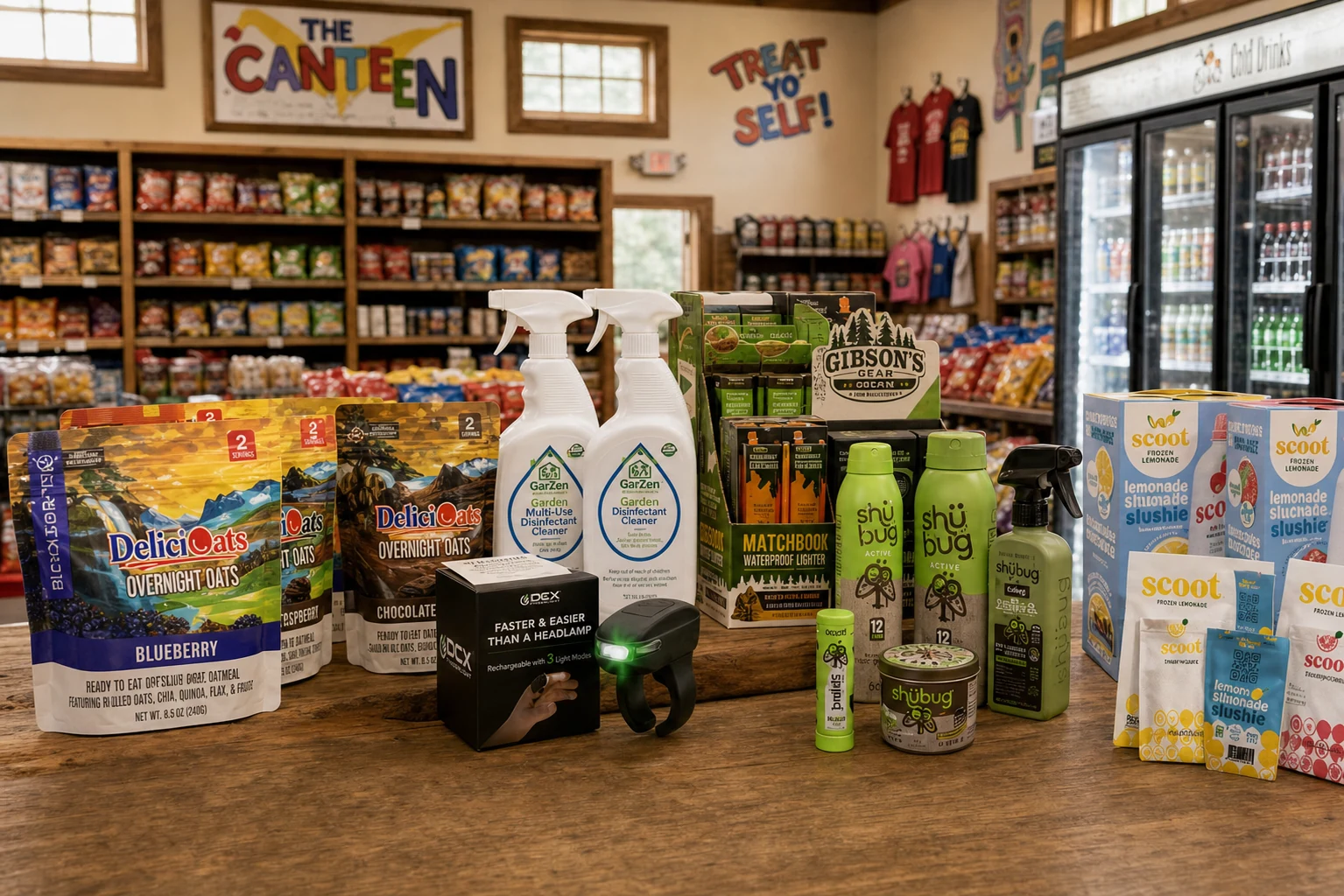 Campground store display featuring DeliciOats, DEX Fingerlight, GarZen, Gibson's Gear, ShüBug, and Scoot products